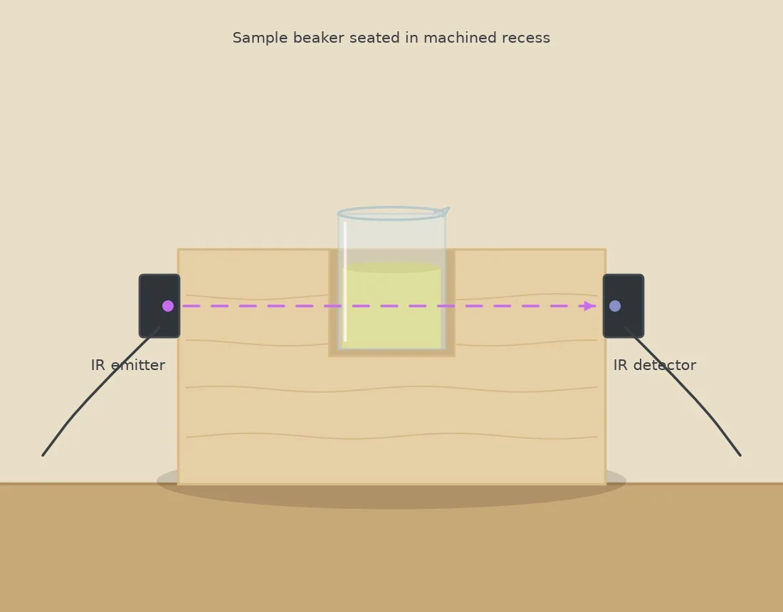 Drawing of the optical cell: a beaker seated in a machined recess in a timber block, with the IR emitter on the left face and the IR detector on the right face so the beam crosses the sample.