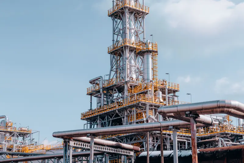 A refinery column and pipework under a blue sky.